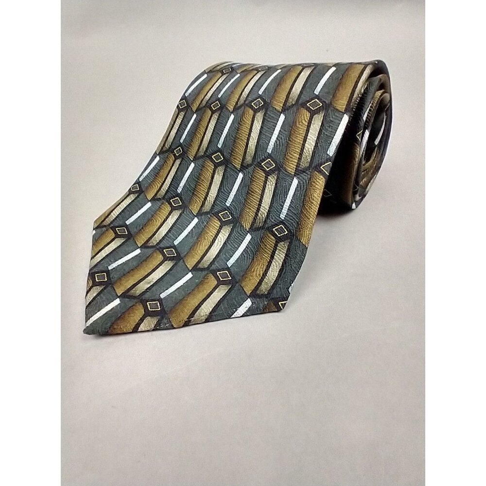 LOUIS ROTH Hand Sewn Tie USA Made Green Gray Geometric Silk Italian Retro